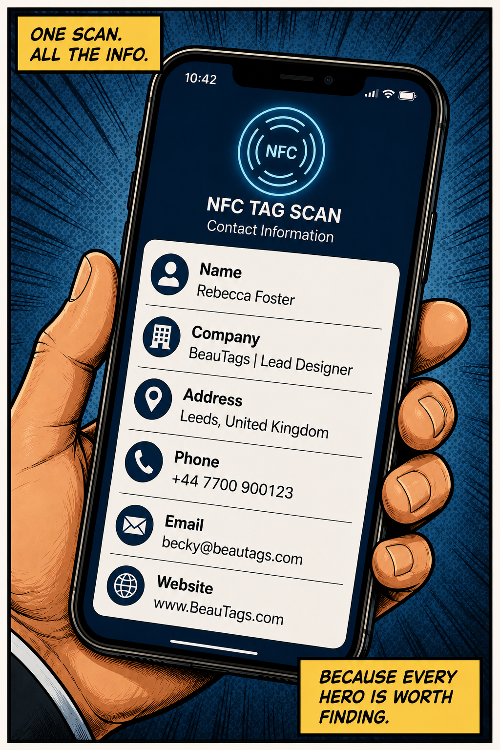 Business contact details read from a BeauTag NFC scan