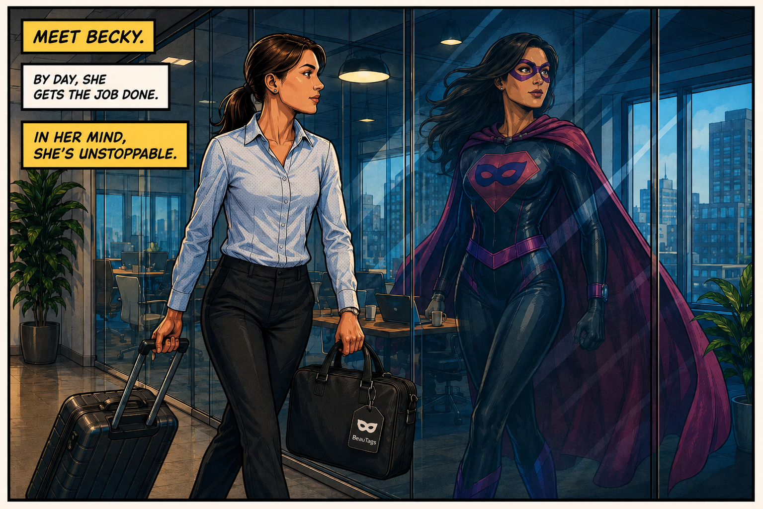 Businesswoman seeing her inner superhero reflected in the office glass