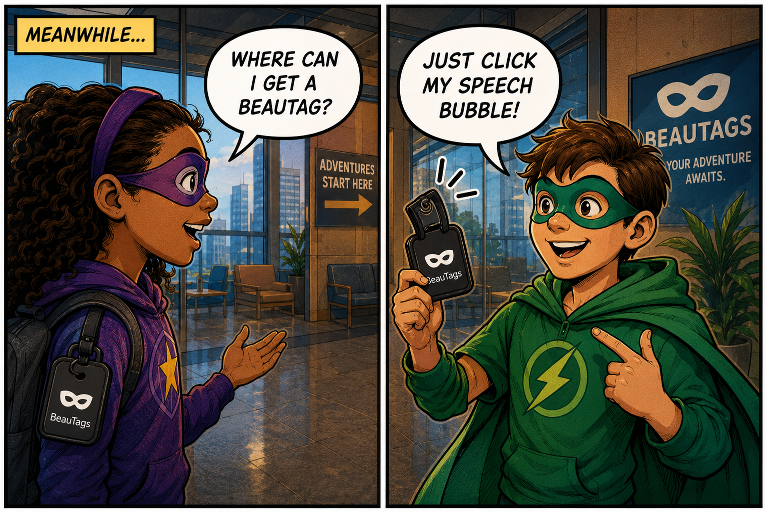 Two heroes talking about where to buy a BeauTag