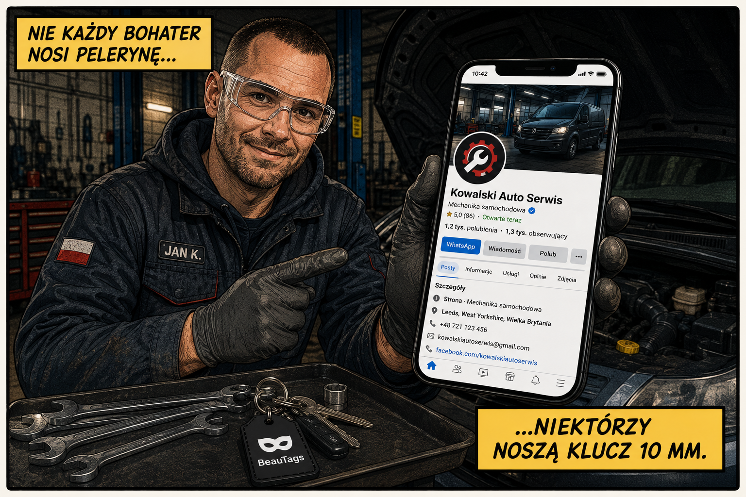 Mechanic with Beautag on van keys on spanner table