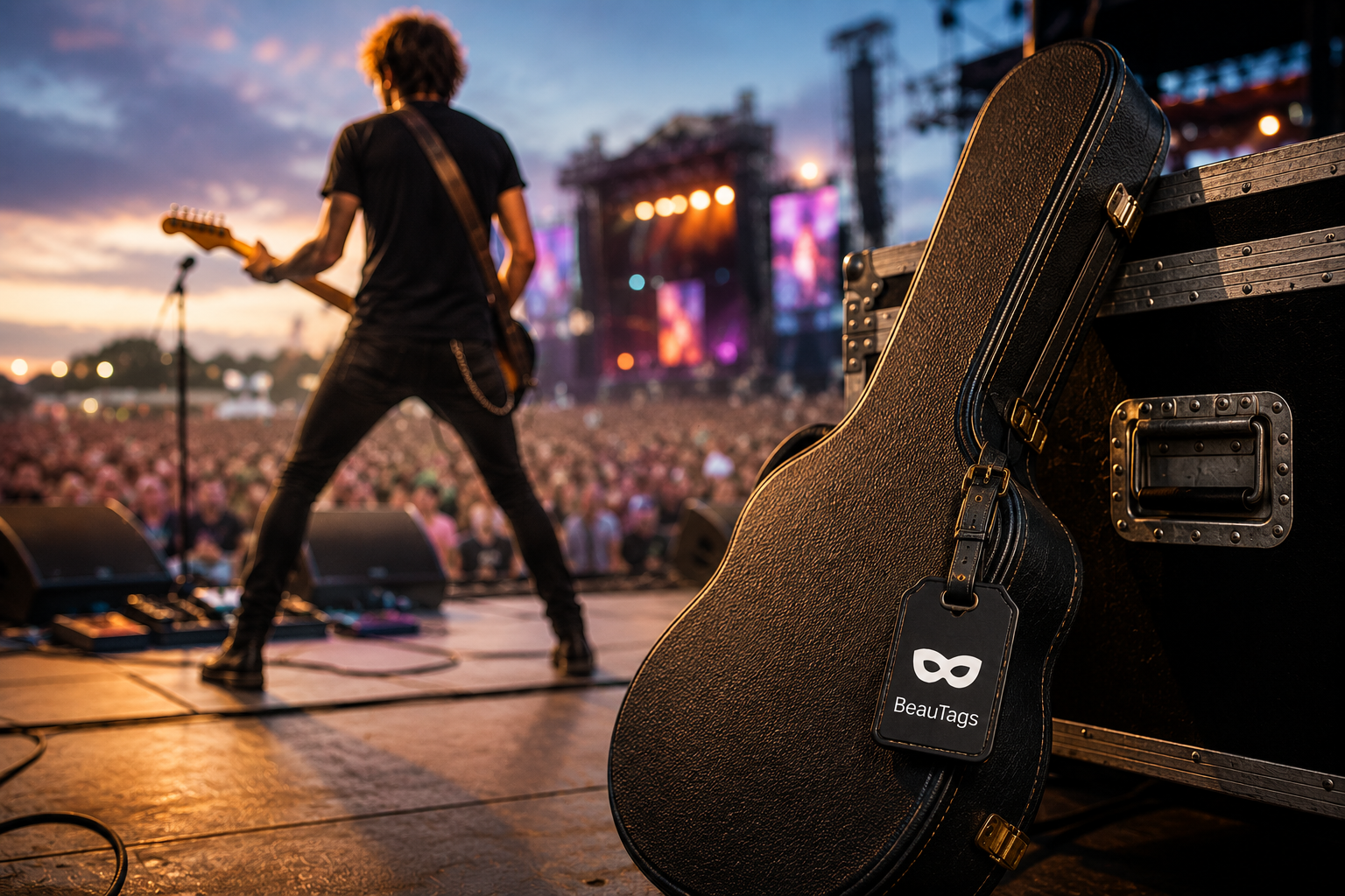 Musician plays to festival crowd with BeauTag on guitar case