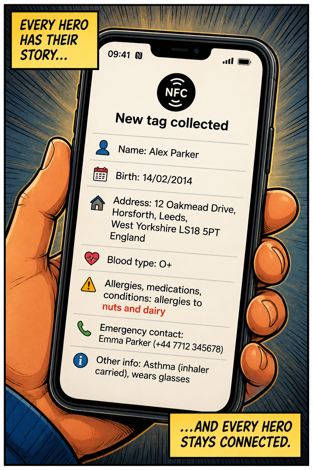 A mobile phone displaying emergency information from a BeauTag NFC scan