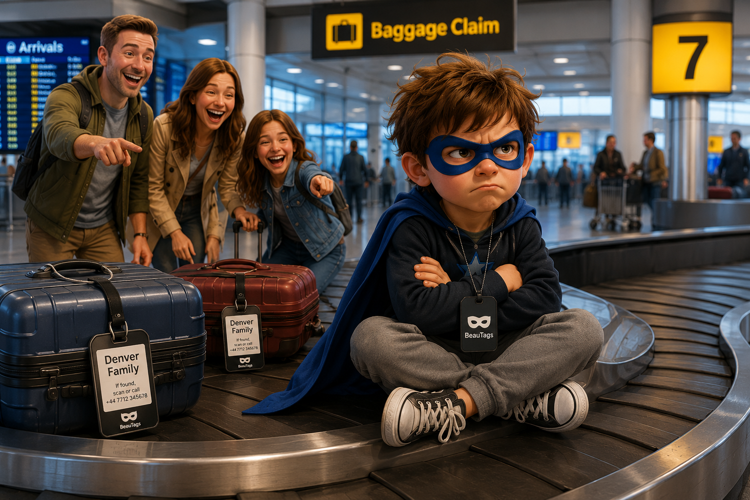 Family travels with a BeauTag on their luggage