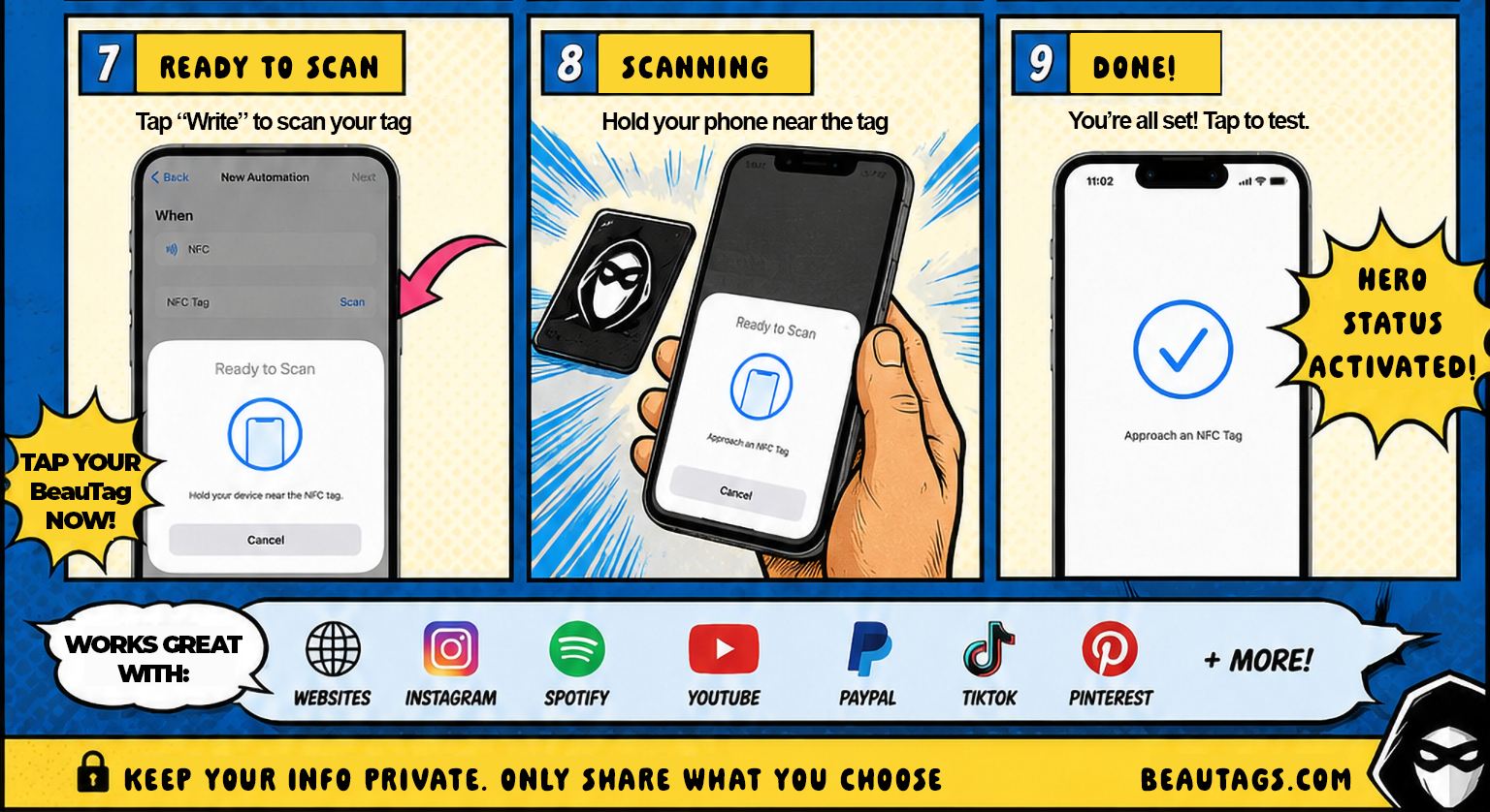 Steps seven to nine: scan the BeauTag and confirm NFC setup
