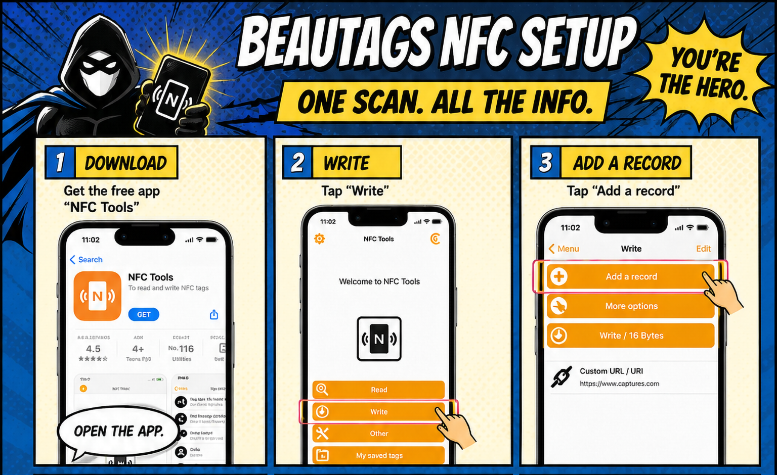Steps one to three: download NFC Tools, choose Write and add a record